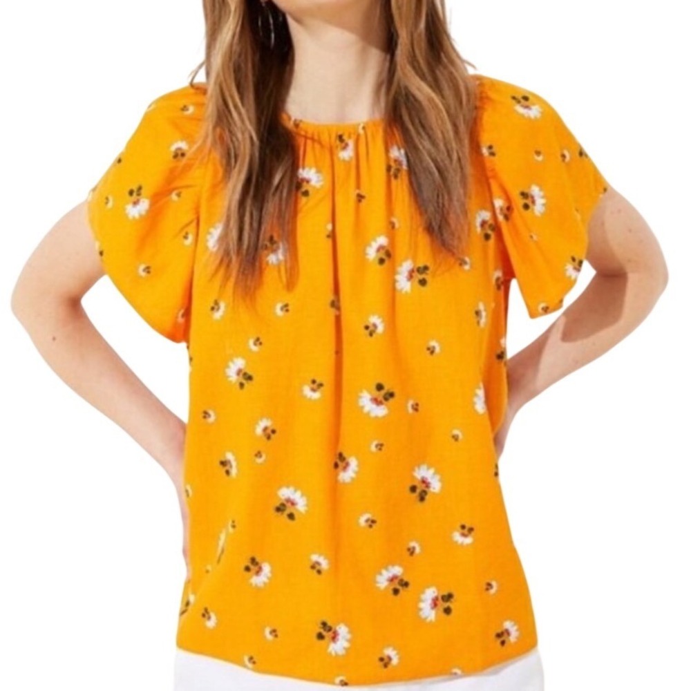 R2 LOFT Linen Floral Blouse Large Orange Flutter Sleeve Button Back Top NWT